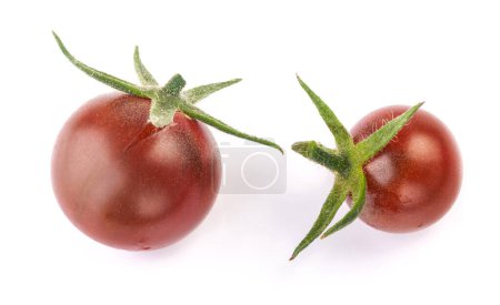 Photo for Fresh ripe cherries tomato with green peduncle isolated on white - Royalty Free Image