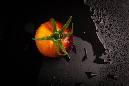 Foto de Tomate a rayas amarillo-rojo húmedo sobre fondo húmedo negro con gotas de agua - Imagen libre de derechos