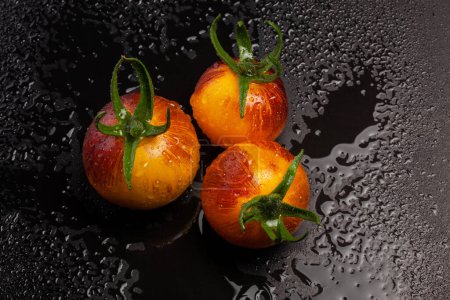 Téléchargez les photos : Tomates jaunes rayées rouges sur fond noir humide avec des gouttes d'eau - en image libre de droit