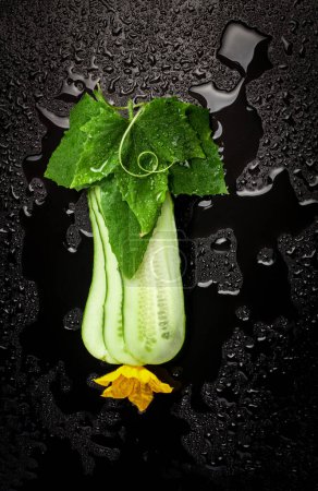 Photo for Cucumber slices with flower, leaf and spiral tendril on black background - Royalty Free Image