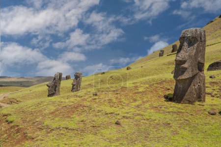 Photo for Moai statues in the Rano Raraku Volcano in Easter Island, Rapa Nui National Park, Chile - Royalty Free Image