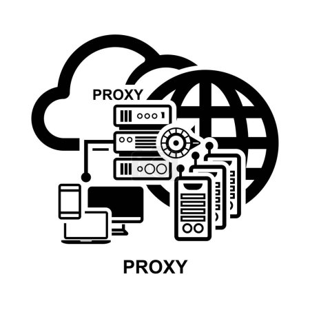 Icono del servidor proxy. Un servidor proxy es un sistema o enrutador que proporciona una puerta de enlace entre los usuarios e Internet aislado en la ilustración del vector de fondo.