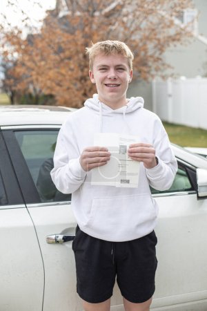 Foto de Retrato de un adolescente caucásico sonriente sosteniendo su licencia de conducir - Imagen libre de derechos