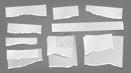 Illustration for Set of torn white note, notebook paper pieces stuck on dark grey background. Vector illustration. - Royalty Free Image