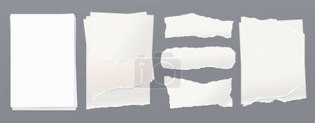 Illustration for Set of torn, ripped paper, stack of white blank notebook paper with soft shadow are on dark grey background for text. Vector illustration. - Royalty Free Image