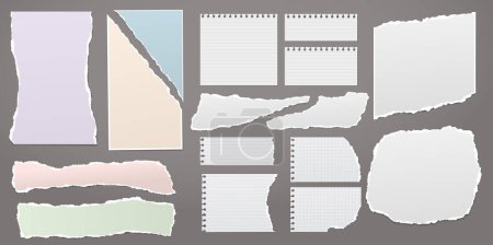 Illustration for Set of torn, ripped paper strips, notebook paper with soft shadow are on dark grey background for text. Vector illustration. - Royalty Free Image