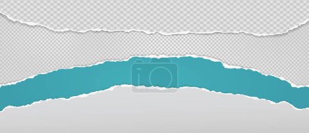Torn, ripped turquoise and grey paper strips with soft shadow are on squared background for text. Vector illustration.