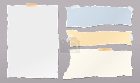 Illustration for Set of torn white and colorful note paper pieces are on grey background for text or ad. Vector illustration. - Royalty Free Image