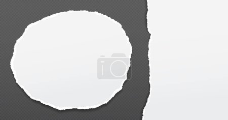 Illustration for Torn round and white note paper pieces are on dark grey background for text or ad. Vector illustration. - Royalty Free Image