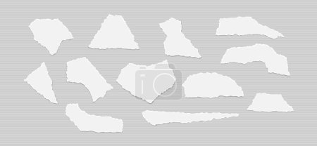 Illustration for Set of torn, ripped paper strips with soft shadow are on lined grey background for text or ad. Vector illustration. - Royalty Free Image