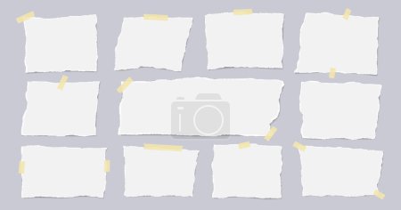 Illustration for Set of torn white note paper pieces stuck with adhesive tape are on light grey background for text or ad. Vector illustration. - Royalty Free Image