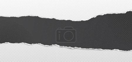 Illustration for Torn, ripped black dusty paper strip with soft shadow is on black and white background for text or ad. Vector illustration. - Royalty Free Image