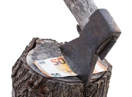 Foto de An old  rusty splitting axe cutting 50 euro bank note concept - Imagen libre de derechos