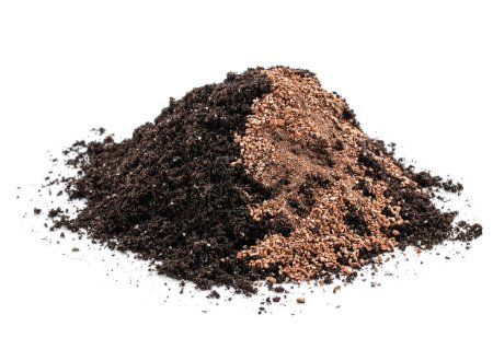 Pile  of garden soil mixed with exfoliated vermiculite mineral isolated on white 