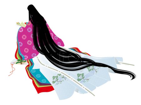 Classic Japanese folk costume. Illustration of the back view of a woman wearing a Heian-style junihitoe robe reading a love letter.