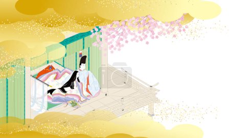 Eine Abbildung eines klassischen japanischen Hauses mit einer Frau im Kimono und einem Mann im geraden Gewand, der die Kirschblüten betrachtet.