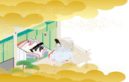 Abbildung eines klassischen japanischen Hauses mit einer Frau in einem Gewand und einem Mann in einem geraden Gewand, die einander begegnen