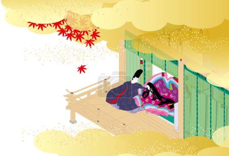 Eine Abbildung eines klassischen japanischen Hauses mit einer Frau im Kimono und einem Mann im geraden Gewand, der die Herbstblätter betrachtet