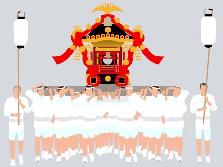 People carrying portable shrines. Illustration of Japanese traditional event