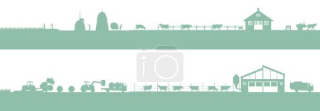 Ilustración de Lechería. Trabajos de vacas lecheras, graneros y pastos. Silueta ilustración de los cambios en el trabajo actual y pasado - Imagen libre de derechos