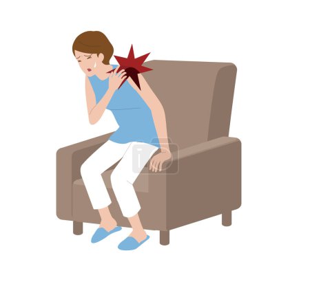 Gefrorene Schulter, Schulterarthritis. Eine Frau mit Schulterschmerzen, die Schwierigkeiten hat, vom Stuhl aufzustehen.