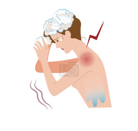 Gefrorene Schulter, Schulterarthritis. Eine Frau mit Schulterschmerzen, die sich nicht die Haare waschen kann.