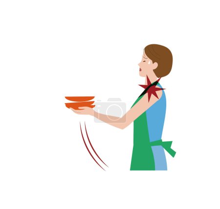 Illustration for Frozen shoulder, shoulder arthritis. A woman whose shoulder hurts when she lifts a plate. - Royalty Free Image
