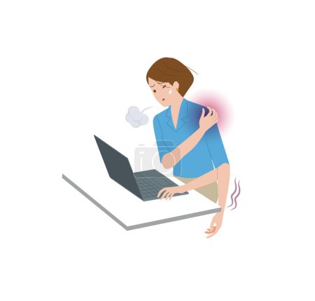 Gefrorene Schulter, Schulterarthritis. Eine Frau, deren Schulter schmerzt, wenn sie einen Computer benutzt.