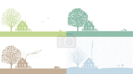 Silueta ilustración de casa de madera, animales y árboles cambiando en las cuatro estaciones