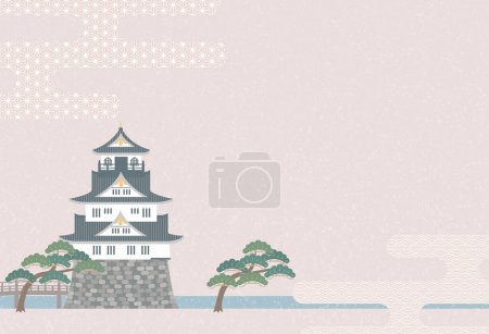 Vieux château japonais et pins et brume arrière-plan illustration