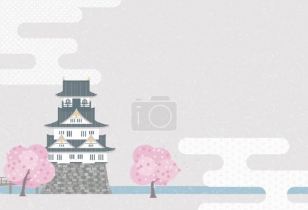 background illustration of japanese old castle and spring cherry tree and haze