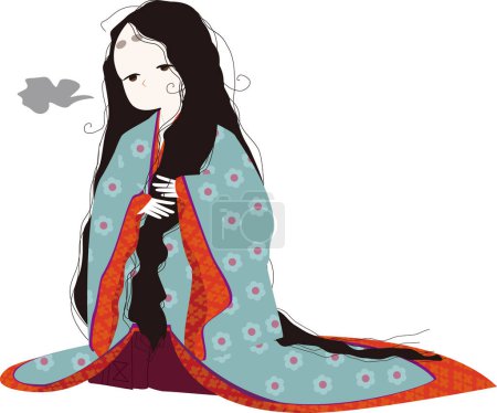 Die klassische japanische Tracht. Abbildung einer Prinzessin aus der Heian-Zeit, die an lockigem Haar leidet.
