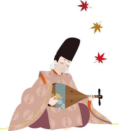 Traje clásico japonés. Hojas de otoño y ropa "Karigi". Un hombre toca el instrumento musical "Biwa". Ilustración de la imagen de paz