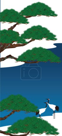 Japanese style background. Vector illustration of pine, crane, river and snow