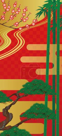 Japanese style background. Illustration of golden background with pine, bamboo, plum and haze