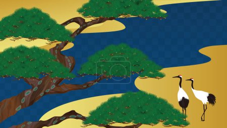 Japanese barrier painting style background. Vector illustration of pine, crane and river