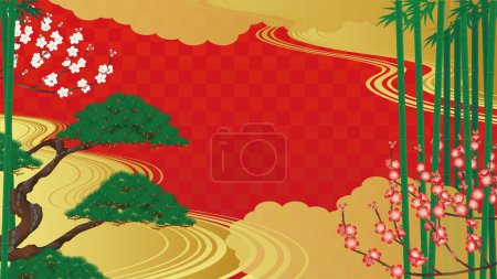 Japanese style background. Illustration  of pine, bamboo, plum, clouds and golden background