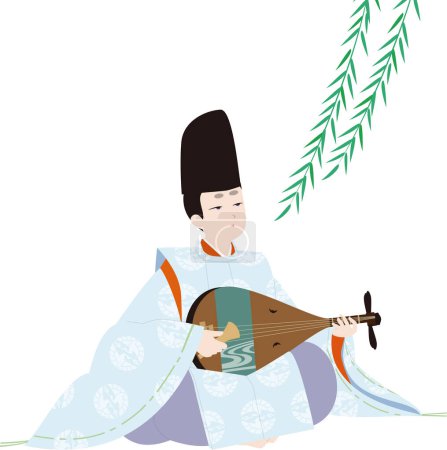 Traje clásico japonés. .. Sauce llorón y ropa "Karigi". Un hombre toca el instrumento musical "Biwa". Ilustración de la imagen de paz