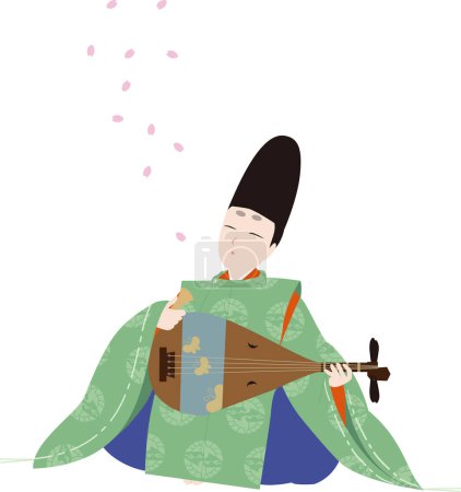 Traje clásico japonés. Pétalos de cerezo en flor y ropa Karigi. Un hombre toca el instrumento musical "Biwa". Ilustración de la imagen de paz