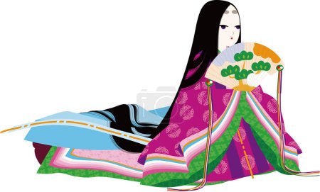 Ilustración de Tiene un abanico de madera. Una mujer con el kimono japonés "Junihitoe" - Imagen libre de derechos