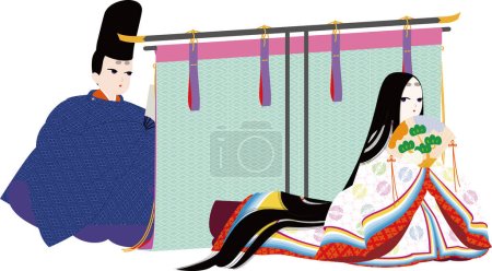 Ein Paar beim Dating. Abbildung einer Frau im japanischen Kimono "Junihitoe" und eines Mannes in "Noushi""