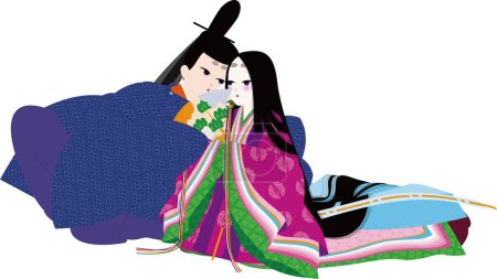 A couple dating. Image illustration of a woman in Japanese kimono "Junihitoe" and a man in "noushi"