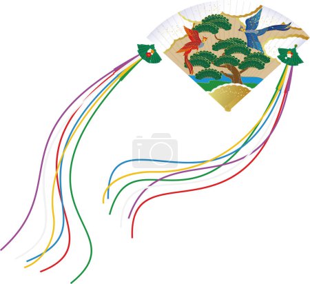 Un abanico tradicional japonés plegable. Las mujeres lo tienen. Una ilustración de imagen de un ventilador de ciprés con una imagen de un fénix y un pino.