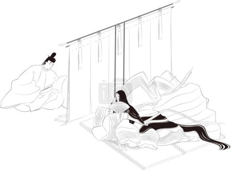 Linienzeichnung im Stil der Heian-Dynastie. Illustration eines Mannes und einer Frau mit "Kich". Ein Mann in japanischer Tracht "Noushi" und eine Frau in "Junihito""
