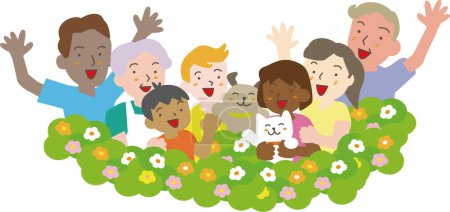 Illustration lächelnder älterer Menschen, Eltern und Kinder verschiedener Rassen umgeben von Blumen