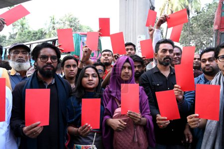Photo for Activists of the Leftist Party's Alliance 'Ganatantra Mancha' hold red cards as they take part in a rally to protest against the upcoming 2024 general elections in Dhaka, Bangladesh, on December 30, 2023. - Royalty Free Image
