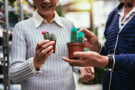 Photo for Senior couple are choosing potted plant at garden center. - Royalty Free Image