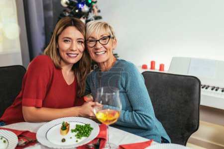 Téléchargez les photos : Mère et fille passer un bon moment au dîner de Noël - en image libre de droit