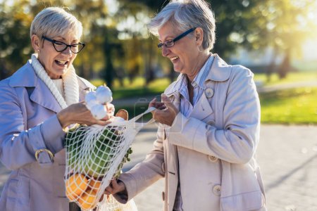 Photo for Happy smiling senior female friends holding a bags with fruits and vegetables outdoor - Royalty Free Image