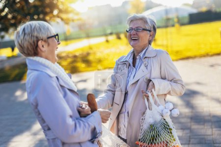Téléchargez les photos : Happy smiling senior female friends holding a bags with fruits and vegetables outdoor - en image libre de droit